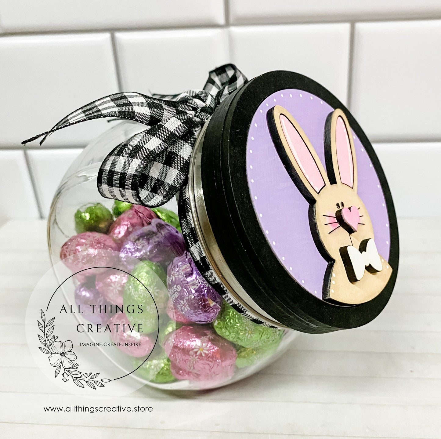 Glass Candy Jar Container with Removable Lid and a 3 inch Easter Bunny Interchangeable Circle Insert.