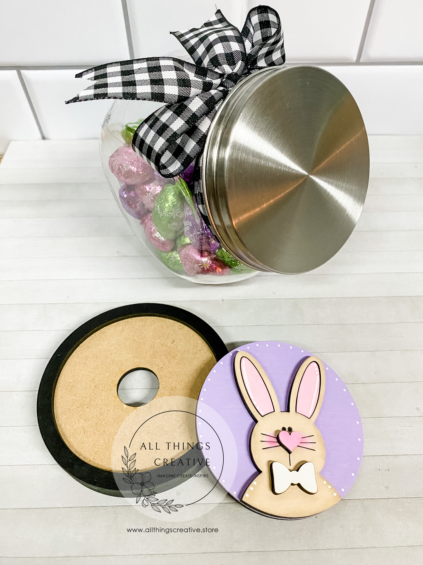 Glass Candy Jar Container with Removable Lid and a 3 inch Easter Bunny Interchangeable Circle Insert.