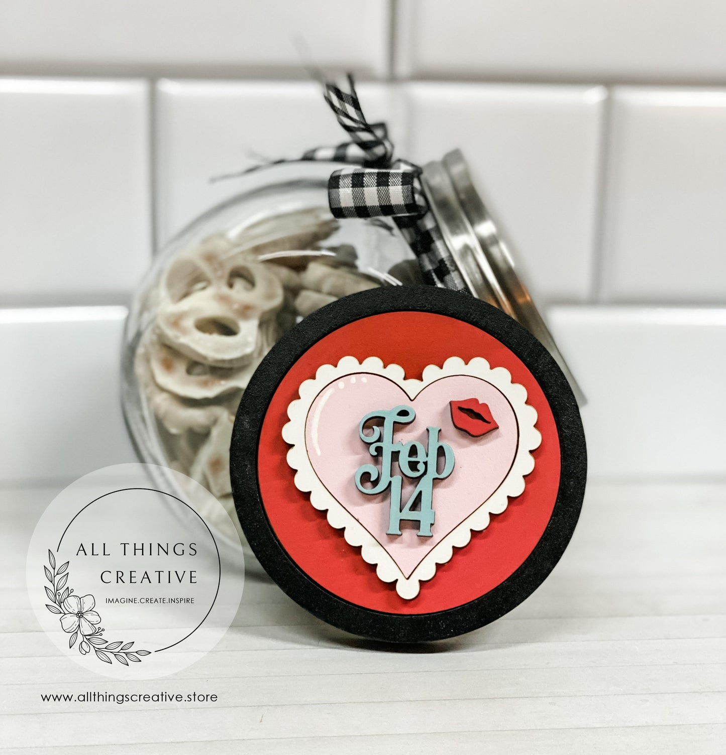 Valentine's Day Candy Jar With Removable Lid  and Interchangeable Circle Insert.