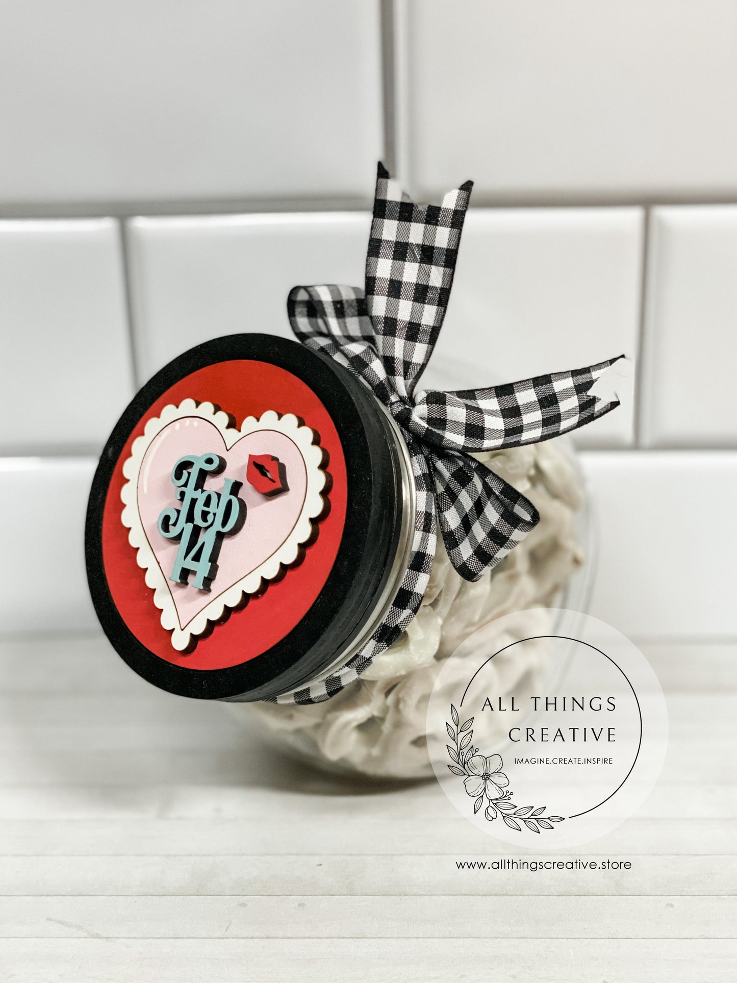 Valentine's Day Candy Jar With Removable Lid  and Interchangeable Circle Insert.