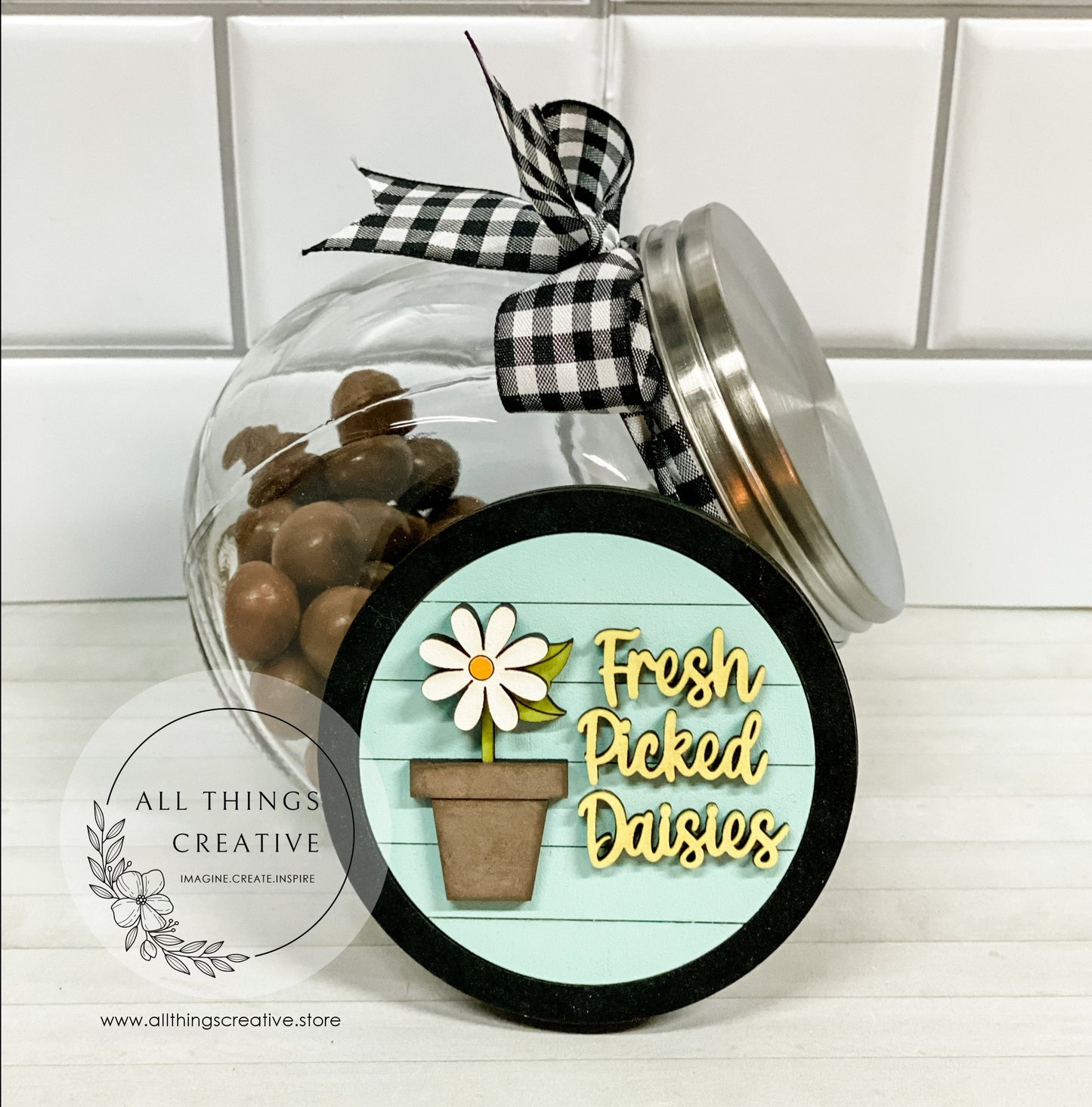 Glass Candy Jar Container with Removable Lid and a 3 inch Fresh Picked Daisies Interchangeable Circle Insert.