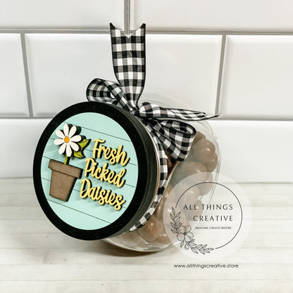 Glass Candy Jar Container with Removable Lid and a 3 inch Fresh Picked Daisies Interchangeable Circle Insert.
