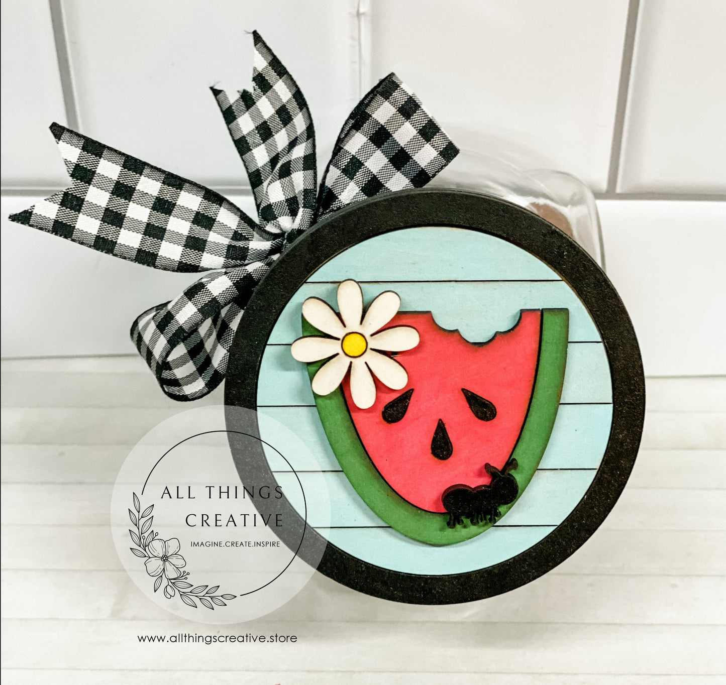 Glass Candy Jar Container with Removable Lid and a 3 inch Watermelon Interchangeable Circle Insert.