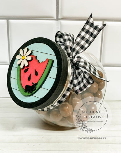 Glass Candy Jar Container with Removable Lid and a 3 inch Watermelon Interchangeable Circle Insert.