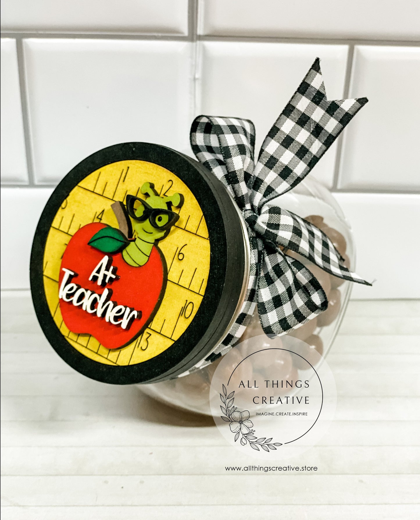 Teacher Appreciation Glass Candy Jar Container with Removable Lid and a 3 inch wooden Interchangeable Circle Insert.