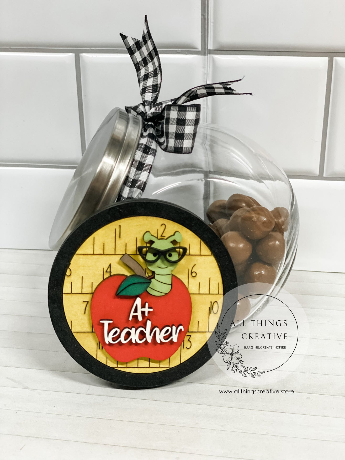 Teacher Appreciation Glass Candy Jar Container with Removable Lid and a 3 inch wooden Interchangeable Circle Insert.