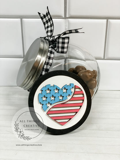 4th Of July Mini Glass Candy Container Jar With Removable Lid and 3" Interchangeable Circle Insert.