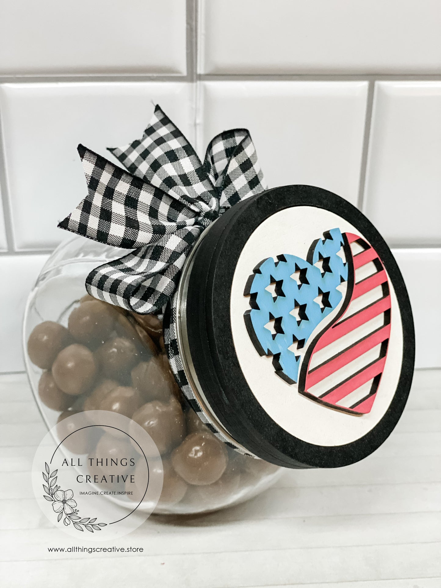 4th Of July Mini Glass Candy Container Jar With Removable Lid and 3" Interchangeable Circle Insert.