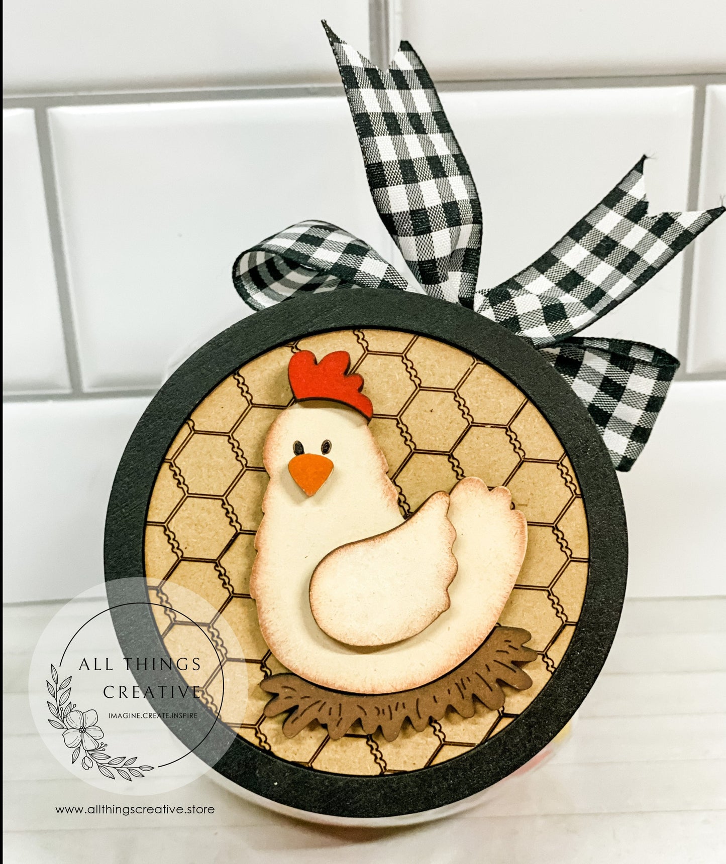 Glass Candy Jar Container with Removable Lid with 3" Chicken Interchangeable Circle Insert.