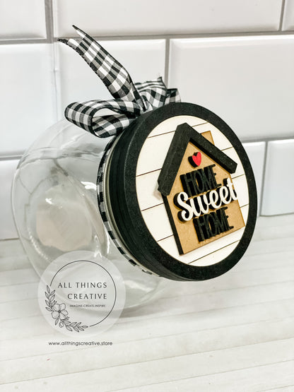 Glass Candy Jar Container with Removable Lid and a 3" Interchangeable Home Sweet Home Circle Insert.