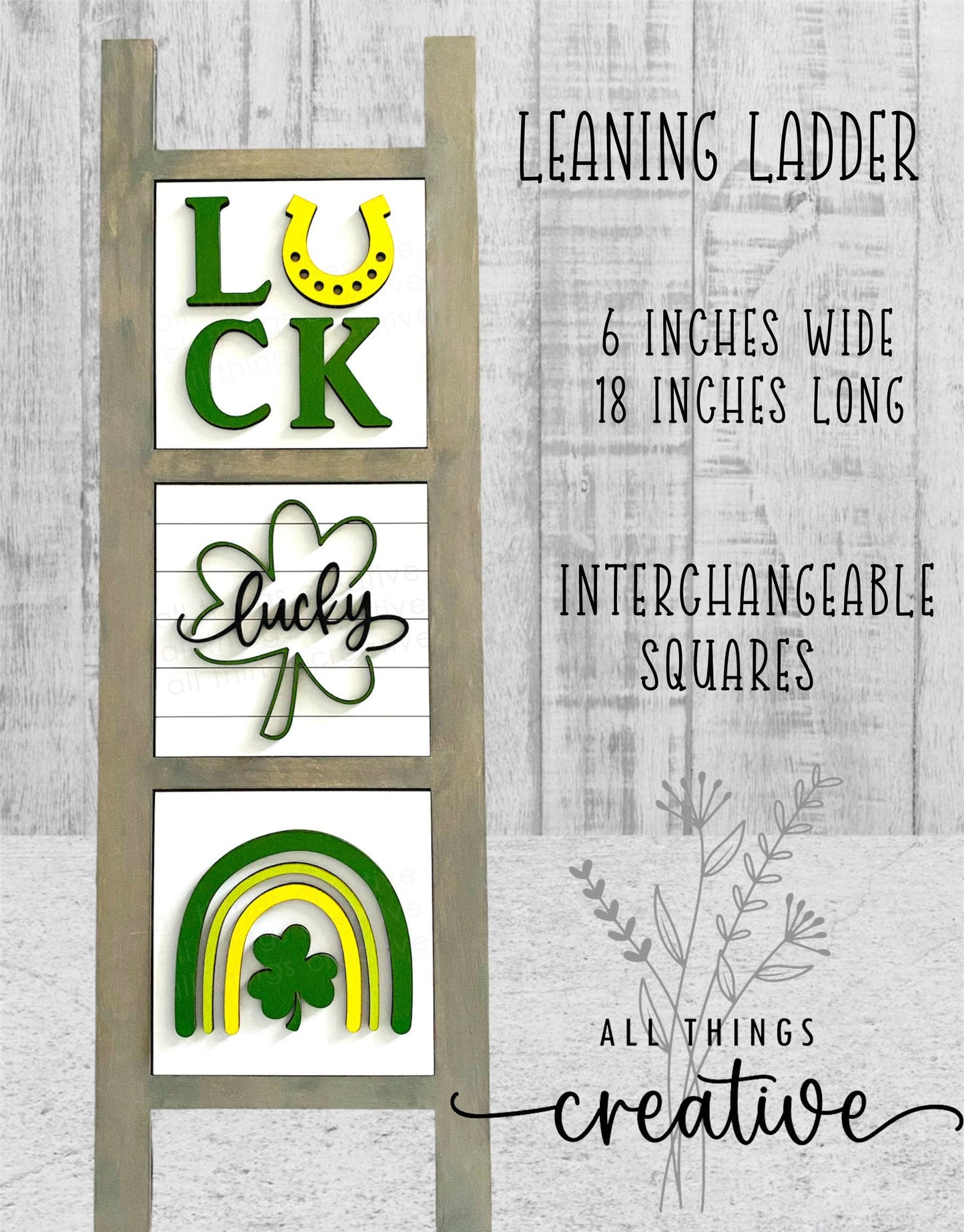 St. Patrick's Day Farmhouse Interchangeable Leaning Ladder with 3 Tile Inserts Holiday Home Decor