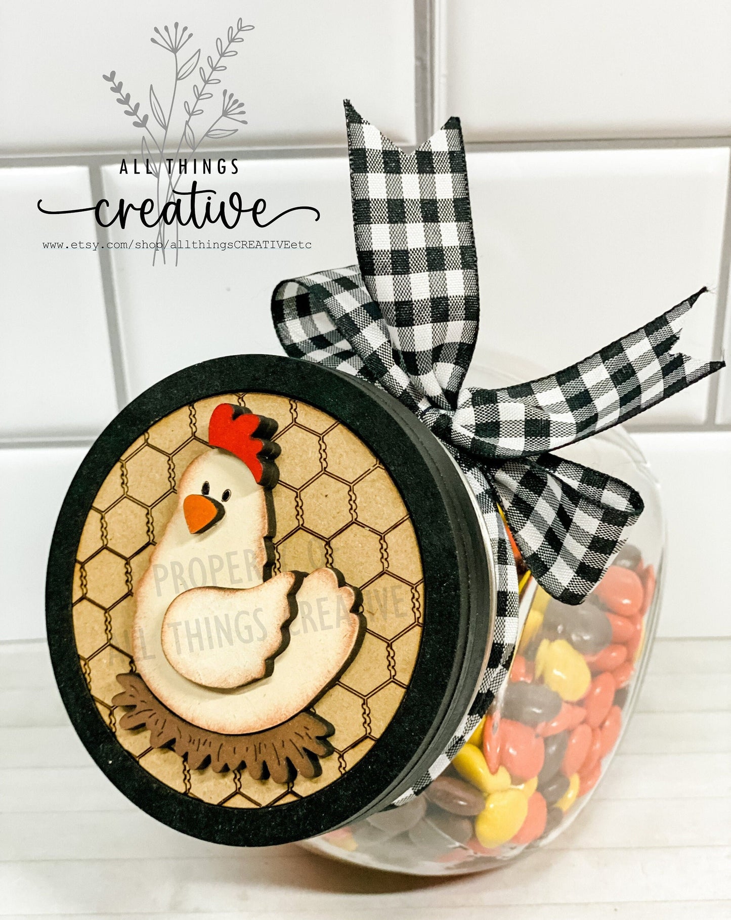Glass Candy Jar Container with Removable Lid with 3" Chicken Interchangeable Circle Insert.