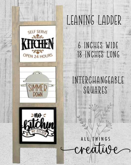 Farmhouse Kitchen Interchangeable Leaning Ladder -  with 3 Tile Inserts for Kitchen Decor