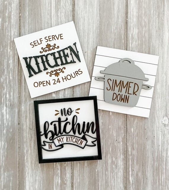 Farmhouse Kitchen Interchangeable Leaning Ladder -  with 3 Tile Inserts for Kitchen Decor