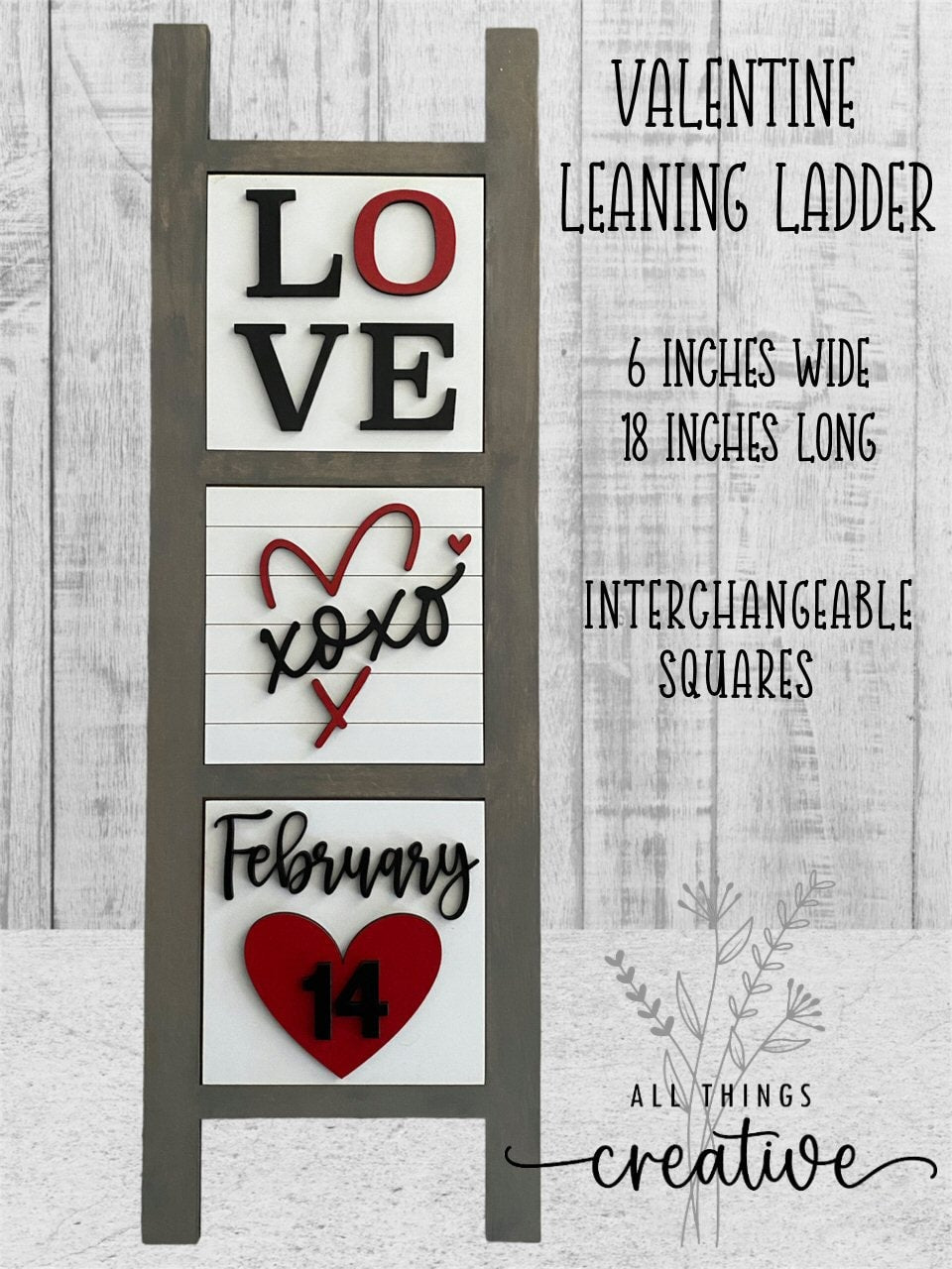 Valentine's Day Farmhouse Interchangeable Leaning Ladder with 3 Tile Inserts Holiday Home Decor