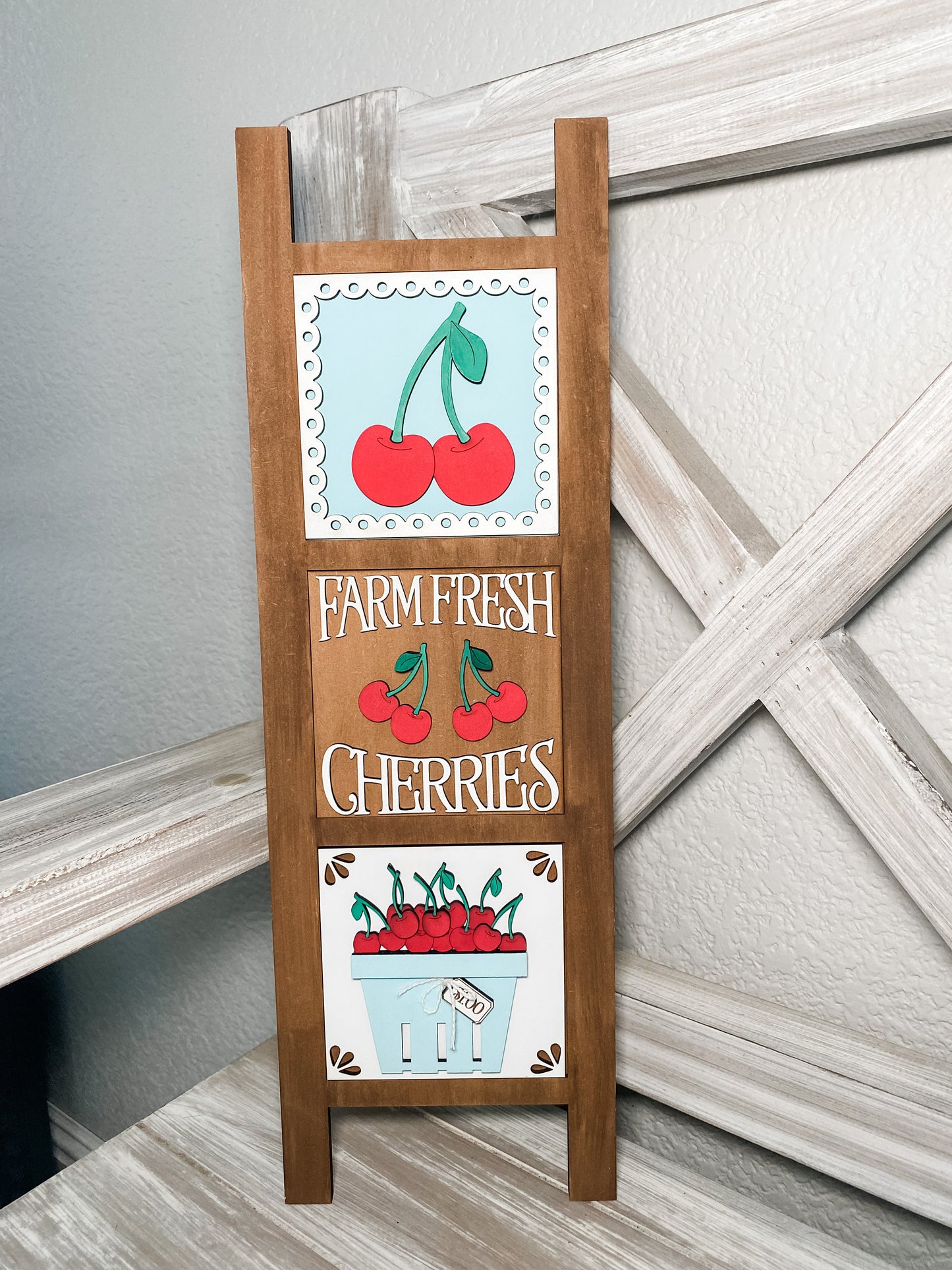 Farm Fresh Cherries Interchangeable Leaning Ladder -  with 3 Cherry Tile Inserts