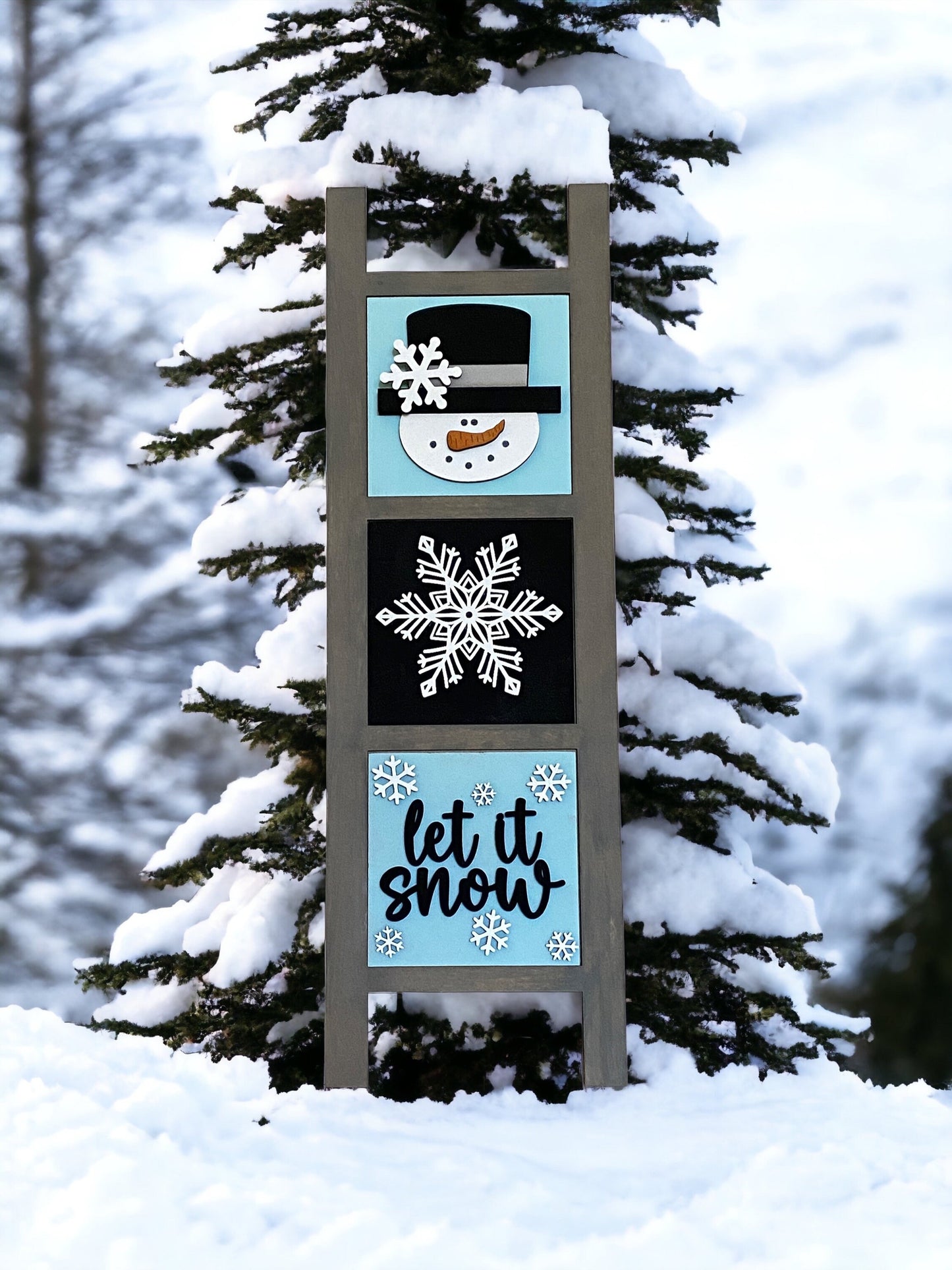 Let it Snow Winter Wonderland | Snowman Snowflake Interchangeable Tile Inserts for Leaning Ladder and Home Décor Sign