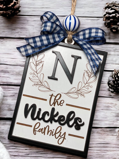 Personalized Family Name with Initial Ornament | Farmhouse Christmas Ornament | Housewarming Wedding Gift Ornament | Realtor Closing Gift