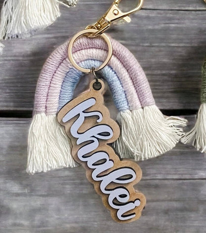 Personalized Rainbow Macrame Keychain | Boho Rainbow Key Tag with name | Luggage Tag, Diaper Bag Tag, Backpack Tag | Baby Shower Favors