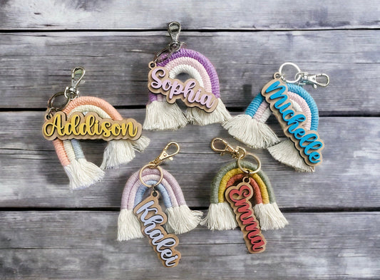 Personalized Rainbow Macrame Keychain | Boho Rainbow Key Tag with name | Luggage Tag, Diaper Bag Tag, Backpack Tag | Baby Shower Favors