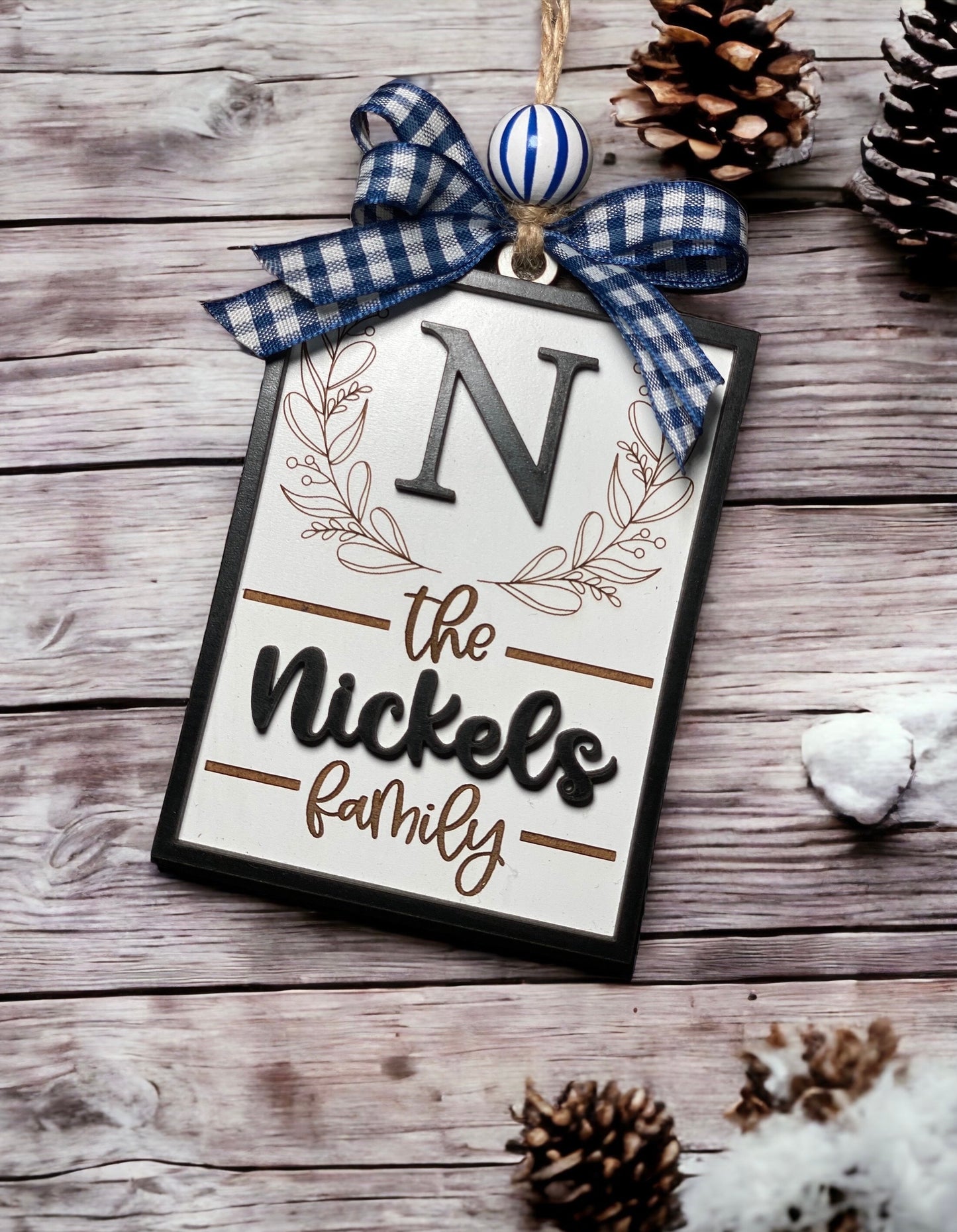 Personalized Family Name with Initial Ornament | Farmhouse Christmas Ornament | Housewarming Wedding Gift Ornament | Realtor Closing Gift